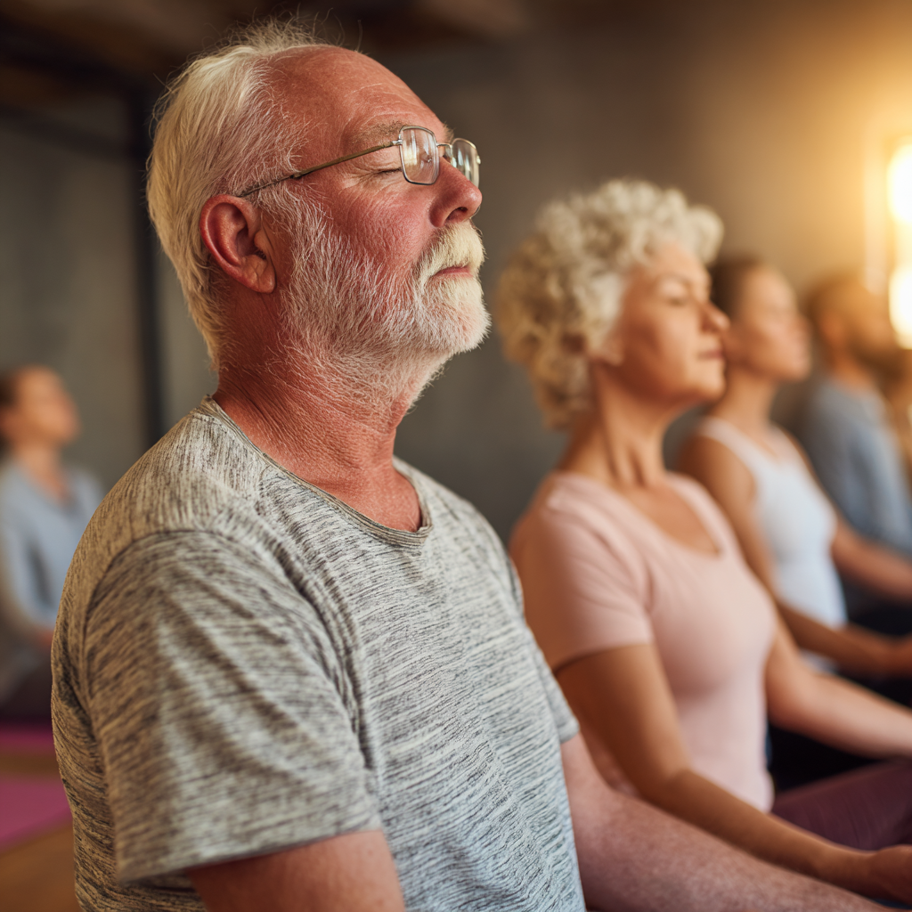 Older adults in peaceful yoga session focusing on breathing and mindfulness